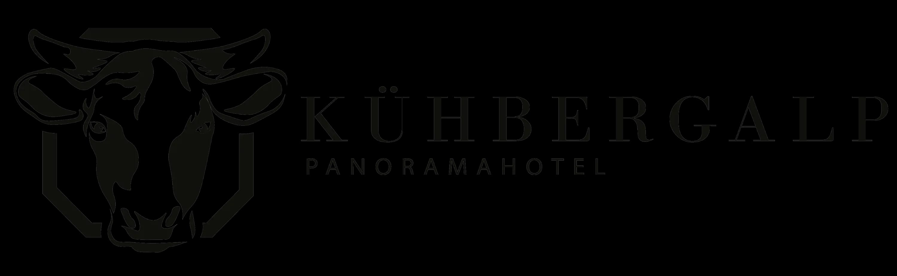 Logo eines Panoramahotels: dunkle Silhouette eines Büffelkopfes neben dem Schriftzug KÜHBERGALP Pan: