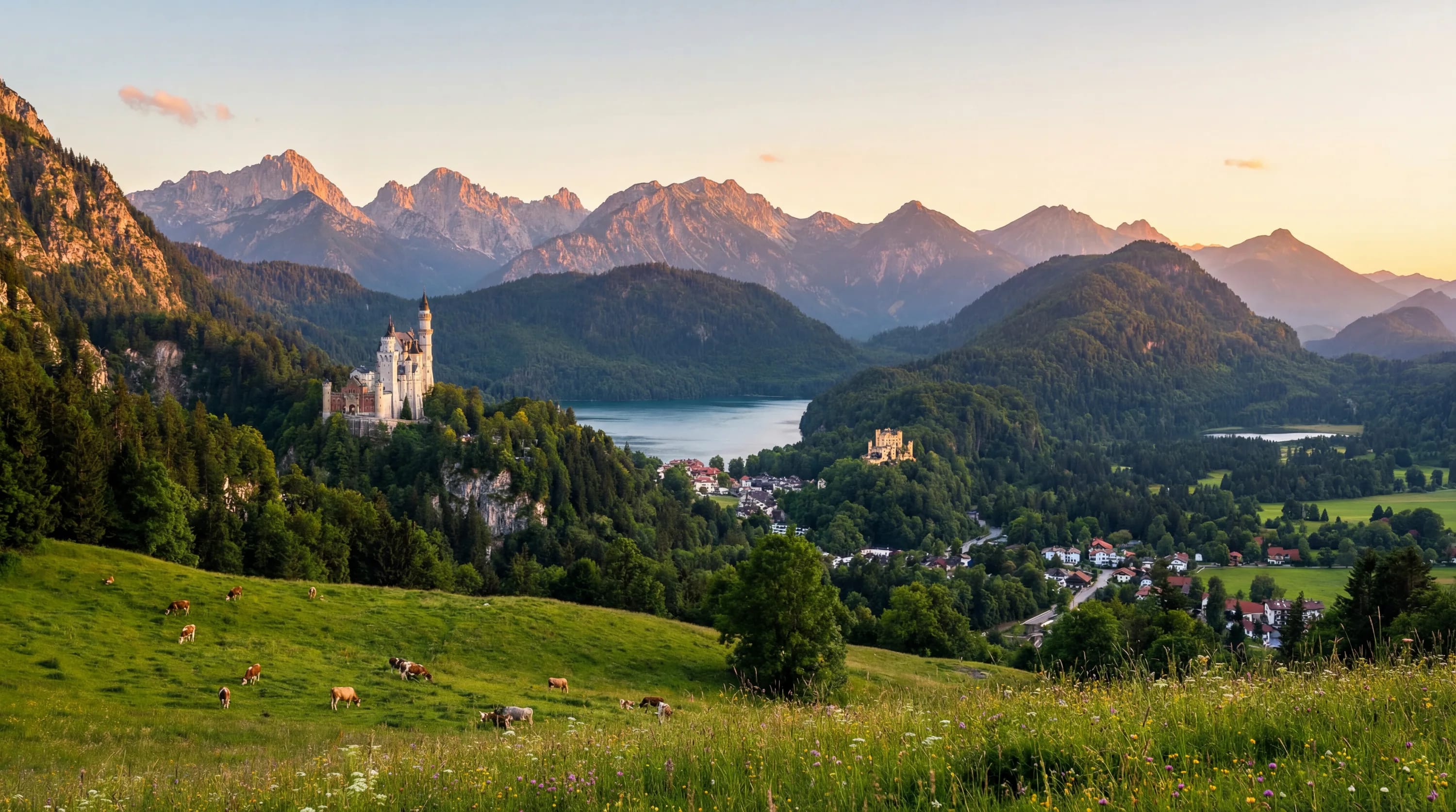 Landschaft mit Schloss auf Hügel, See und Alpen im Hintergrund; grüne Wiesen mit Kühen.