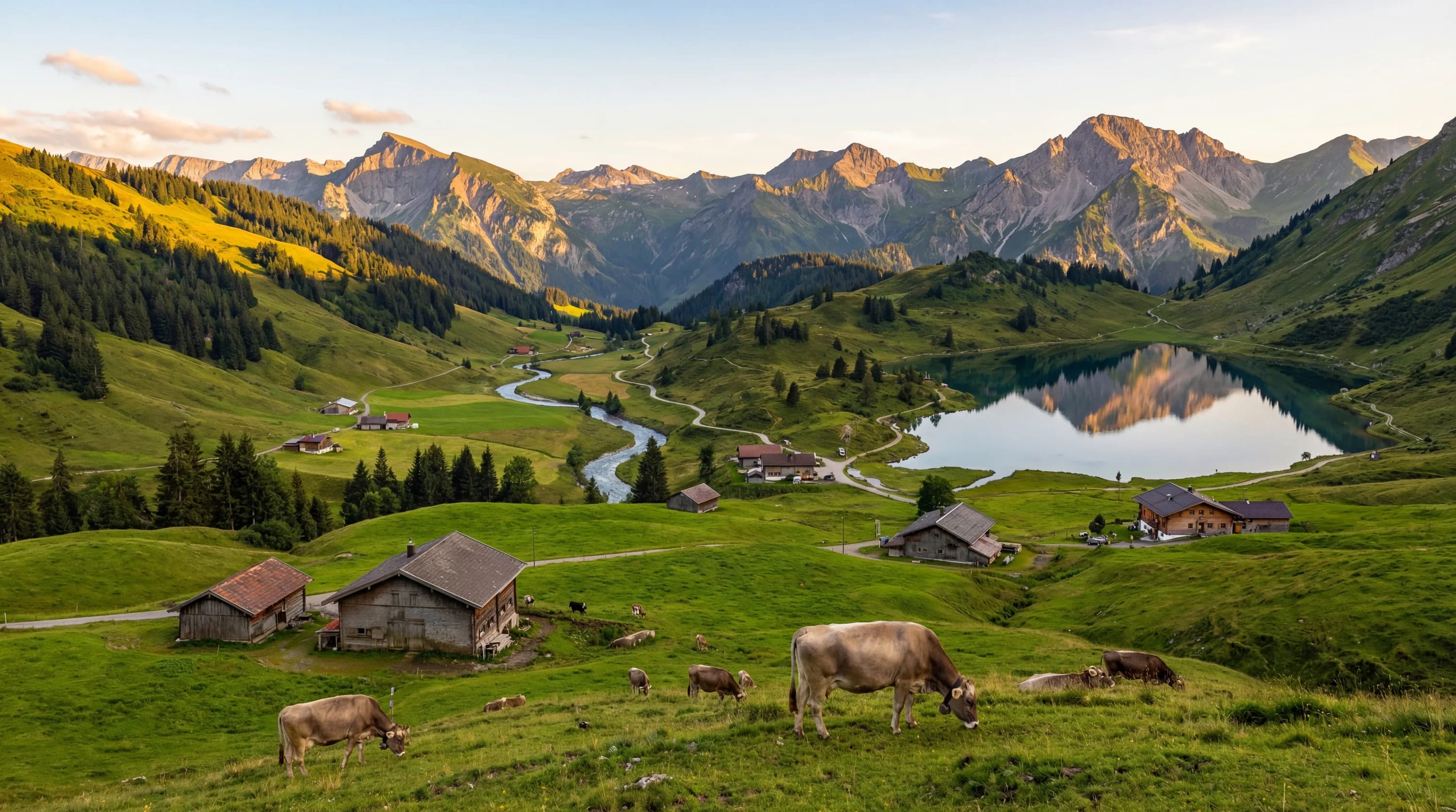 Alpenlandschaft mit Weiden, Kühen, Holzhäusern, See und Bergkette im Hintergrund.