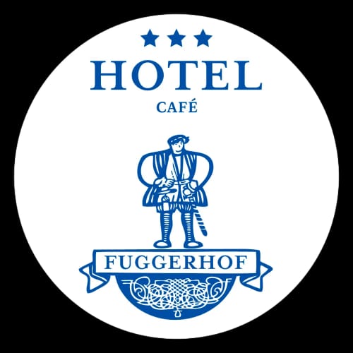 Rundes weißes Logo mit blauem Schriftzug HOTEL, drei Sternen, Café, Figur und Banner FUGGERHOF