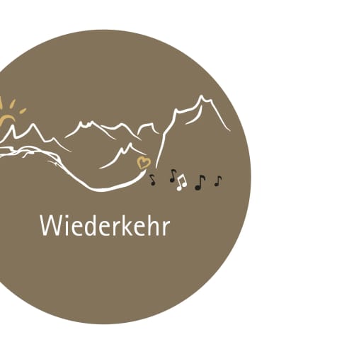 Braunes Logo-Kreis mit Bergketten, Sonne, Herz und Musiknoten, Schriftzug Wiederkehr