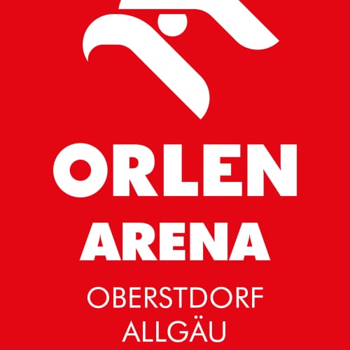 Orlen Arena Logo auf rotem Hintergrund mit weißem Schriftzug und Ortangaben.