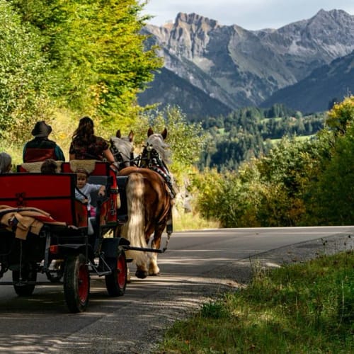 Familie auf rotem Pferdewagen zieht durch eine kurvige Straße, Bergkulisse im Hintergrund.