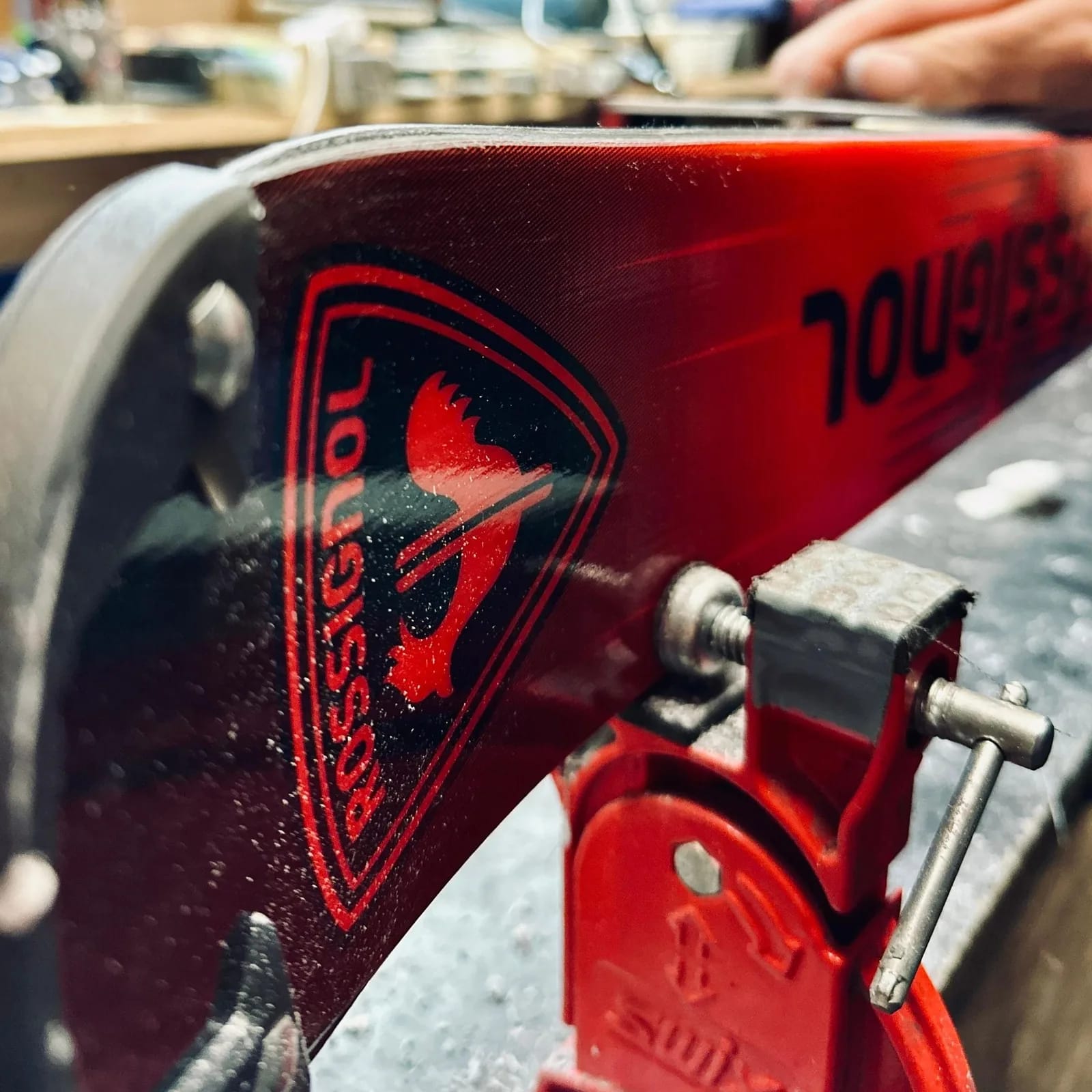 Roter Ski mit Bindung und Logo in Nahaufnahme.