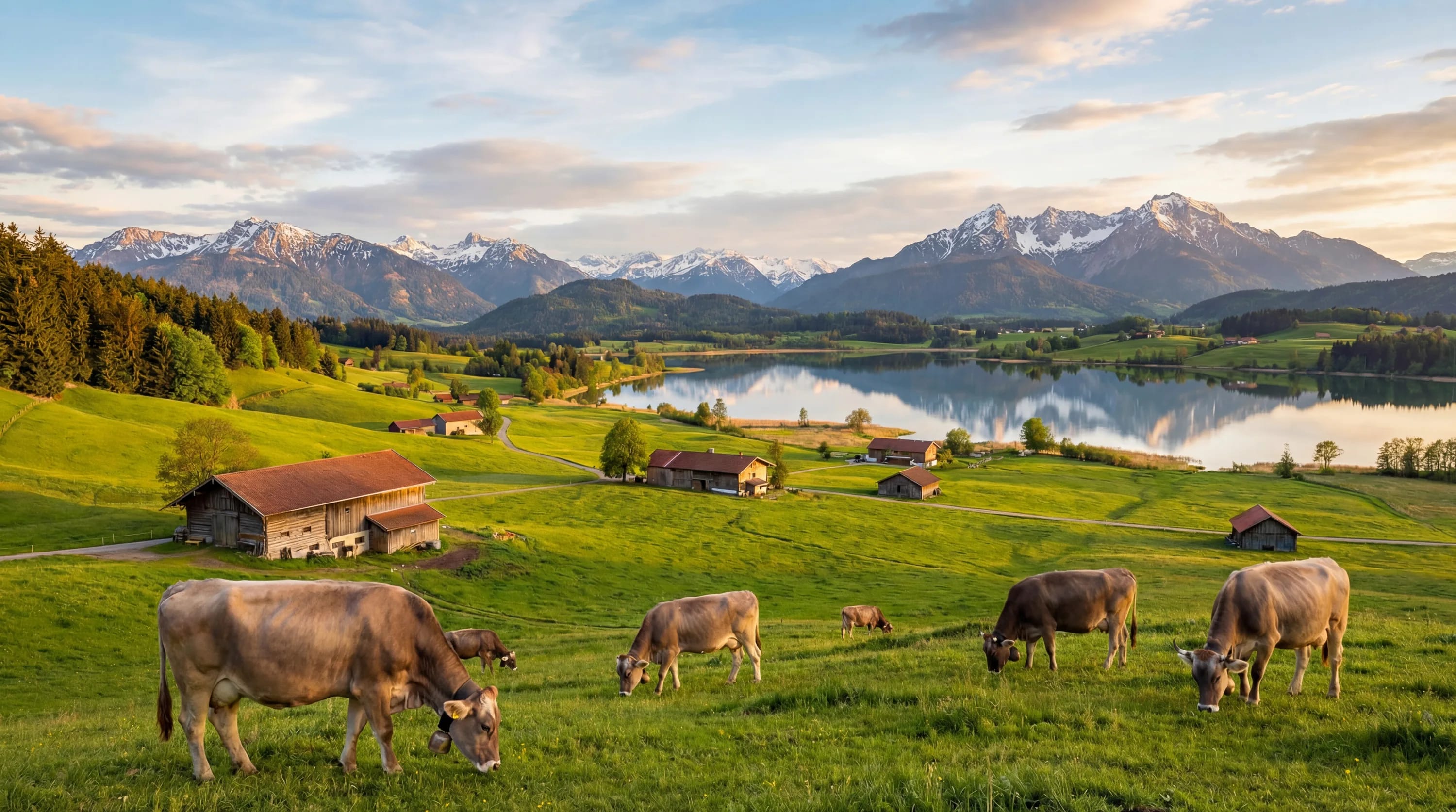 Weidende Kühe auf grünem Hügelland mit Dorf, See und Bergen im Hintergrund.