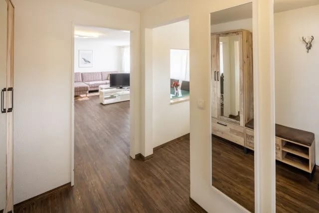 Flur mit Holzfußboden, Spiegel-Schrank und Garderobe; Blick ins Wohnzimmer mit Sofa und TV.
