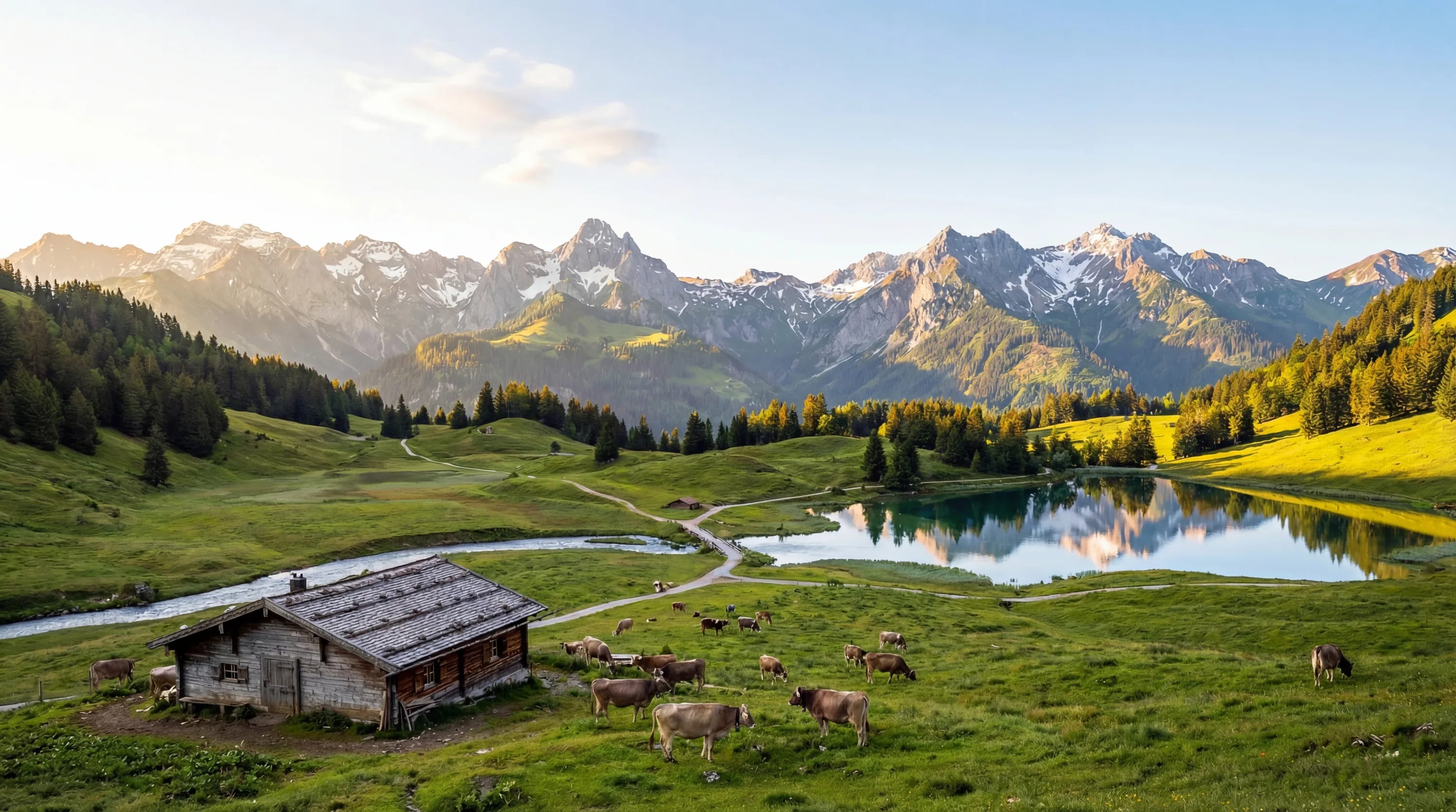 Berglandschaft mit Holzhütte, Kühen, See und schneebedeckten Gipfeln im Hintergrund.