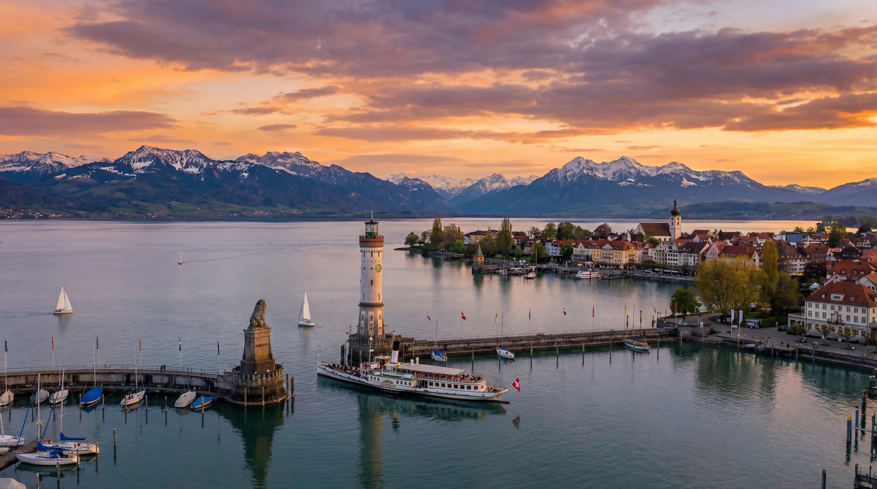 Hafen von Lindau am Bodensee mit Leuchtturm, Segelbooten und Alpen im Hintergrund.