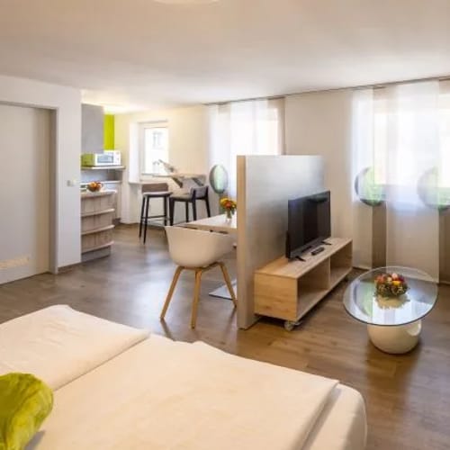 Offenes Wohn- und Schlafbereich mit grünem Sofa, TV und Küchenzeile im Hintergrund.